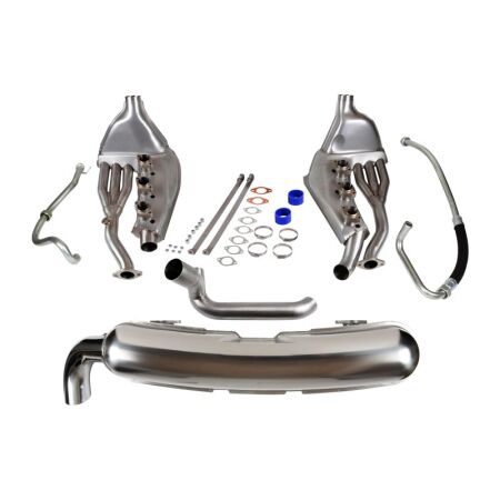 Sports silencer set with Ø84 mm tailpipe and Ø41 mm heat exchanger replacement with pipes for 3.2L. OEM style, where changes to the engine covers are not required